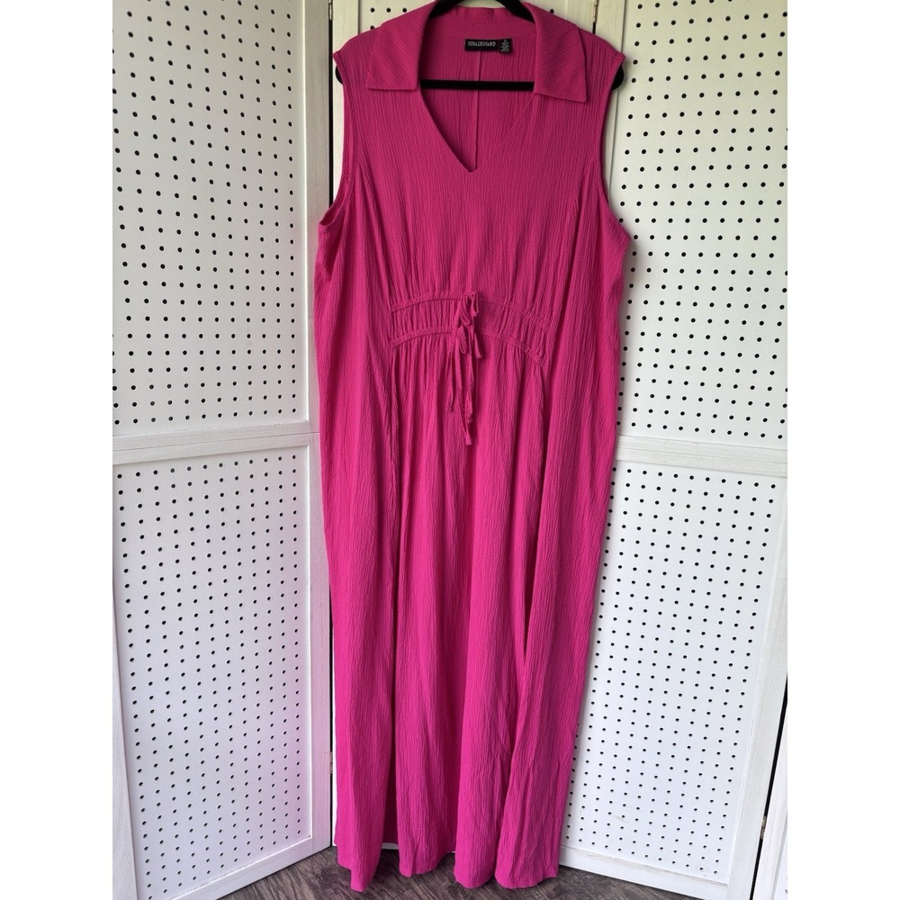 Women's 2X Nina Leonard PINK‎ Crinkle Fabric Flowy Maxi V Neck Sleeveless Dress
